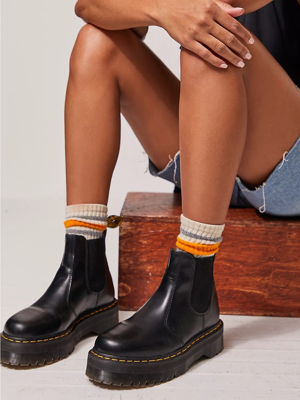 Dr. Martens Black Leather Platform Chelsea Boots with Yellow Welt Stitching